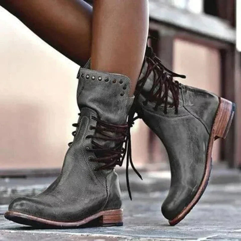 Dames Leren Look Laarzen – Bruin, Grijs of Zwart