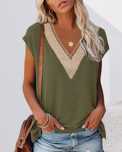 Dames T-shirt met V-hals en Kant