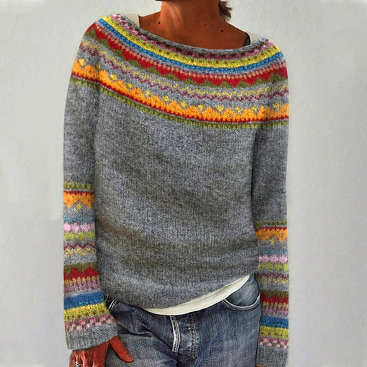 Retro Wintertrui Dames – Grijs met Regenboog