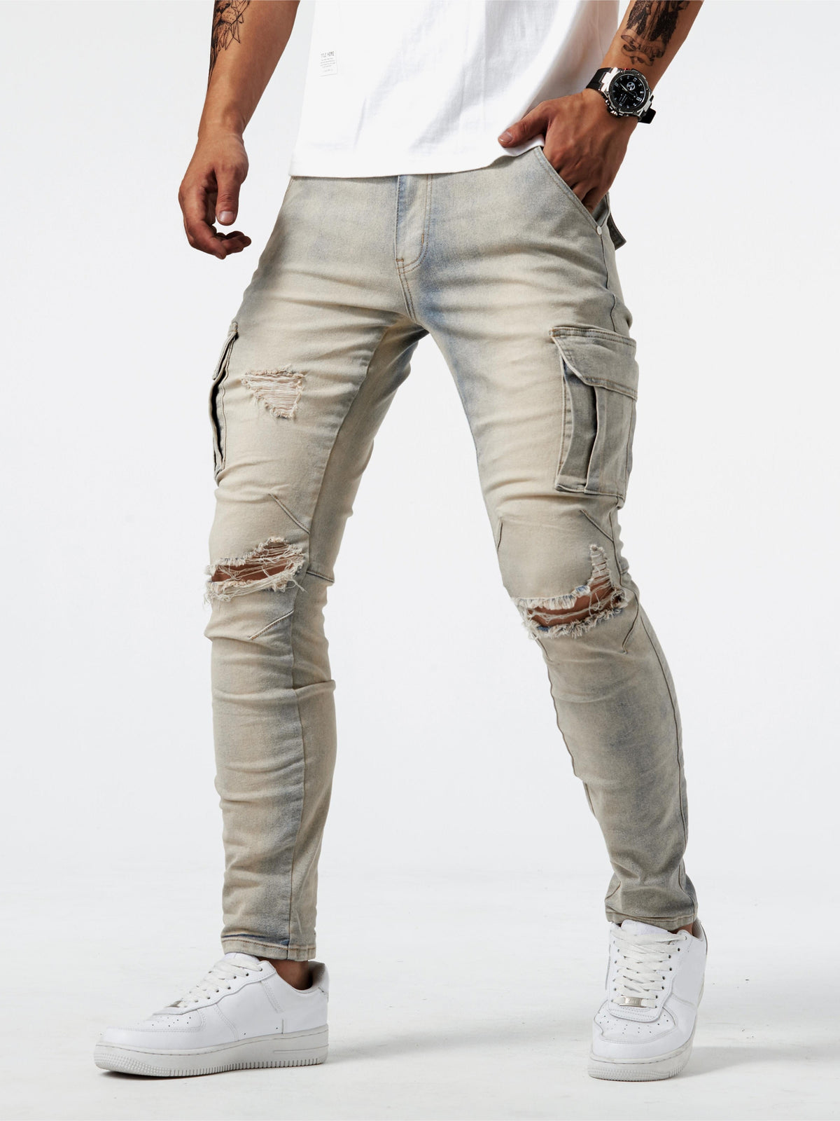 Khaki Slim Fit Cargo Jeans voor Heren
