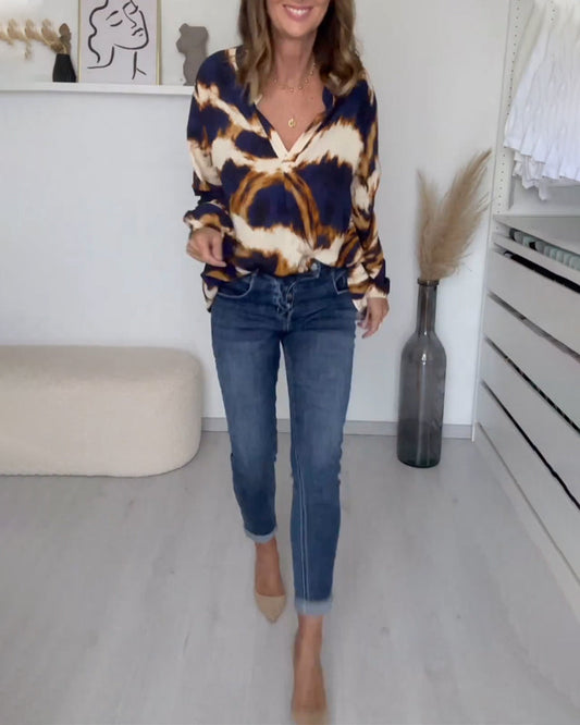 Dames Top met V-hals en Print – Zes Kleuren