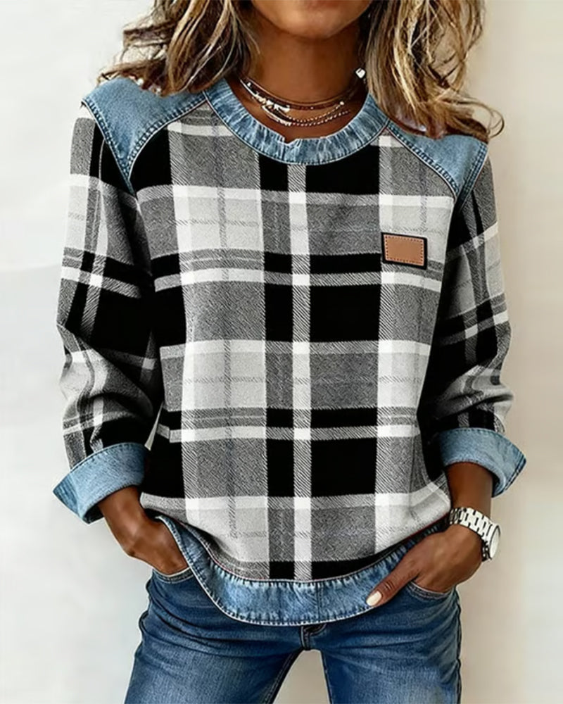 Geruite Dames Trui met Denim Details
