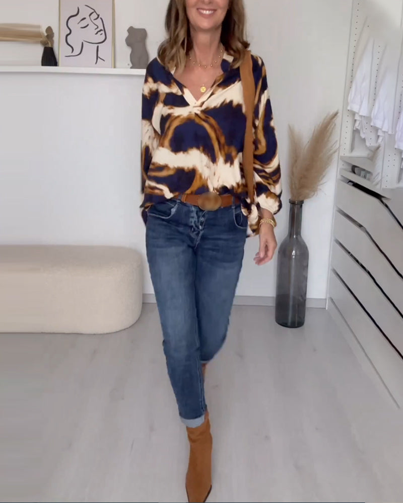 Dames Top met V-hals en Print – Zes Kleuren