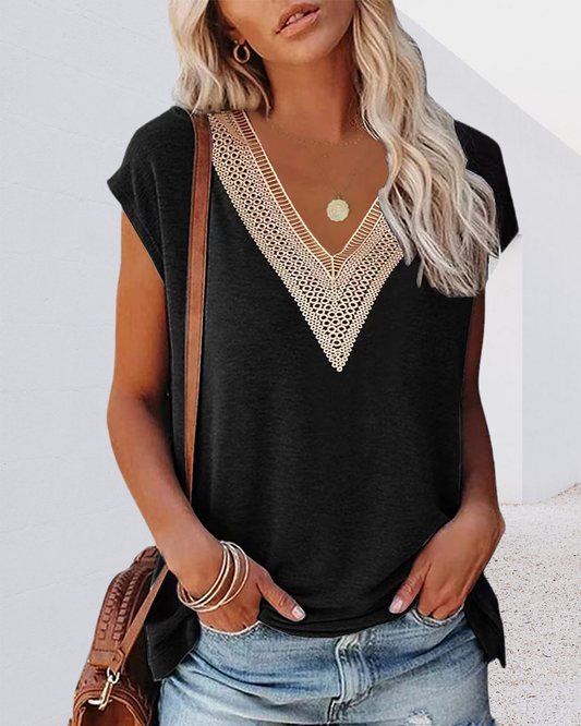 Dames T-shirt met V-hals en Kant