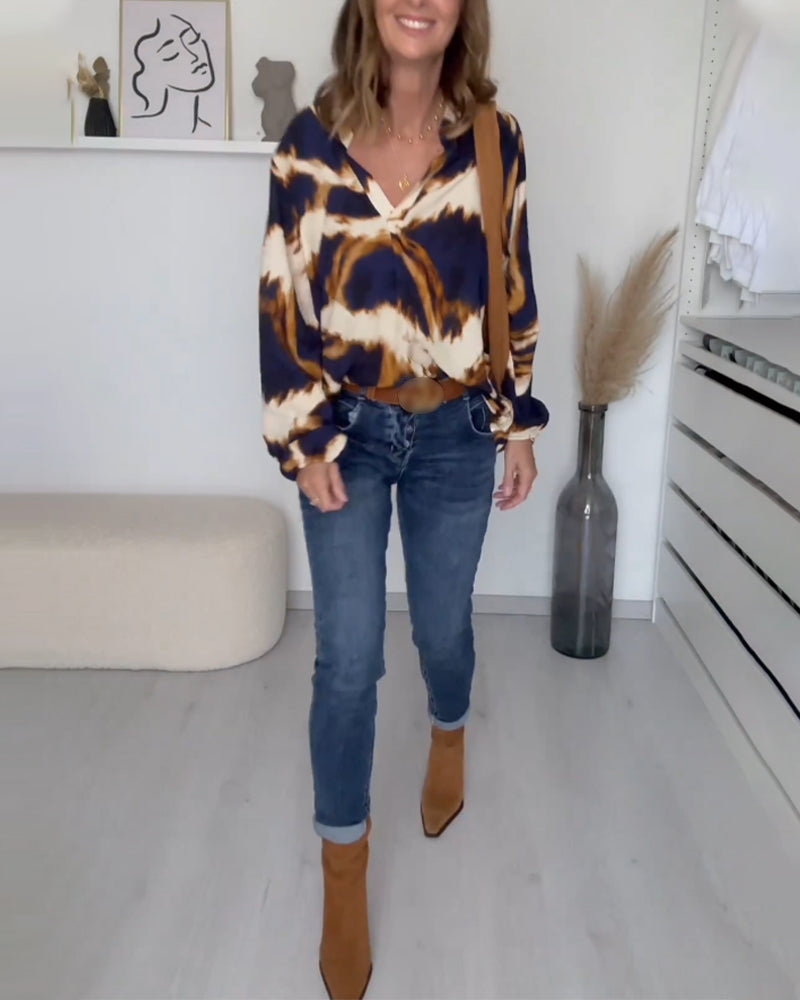 Dames Top met V-hals en Print – Zes Kleuren
