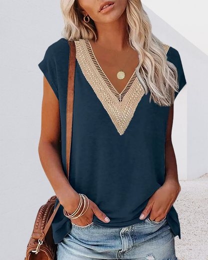 Dames T-shirt met V-hals en Kant