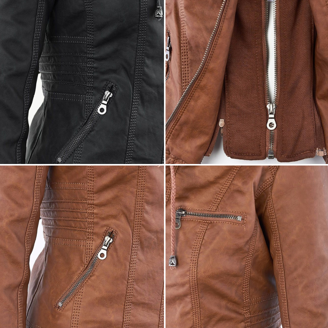 Dames Jas in Leerlook met Afneembare Capuchon