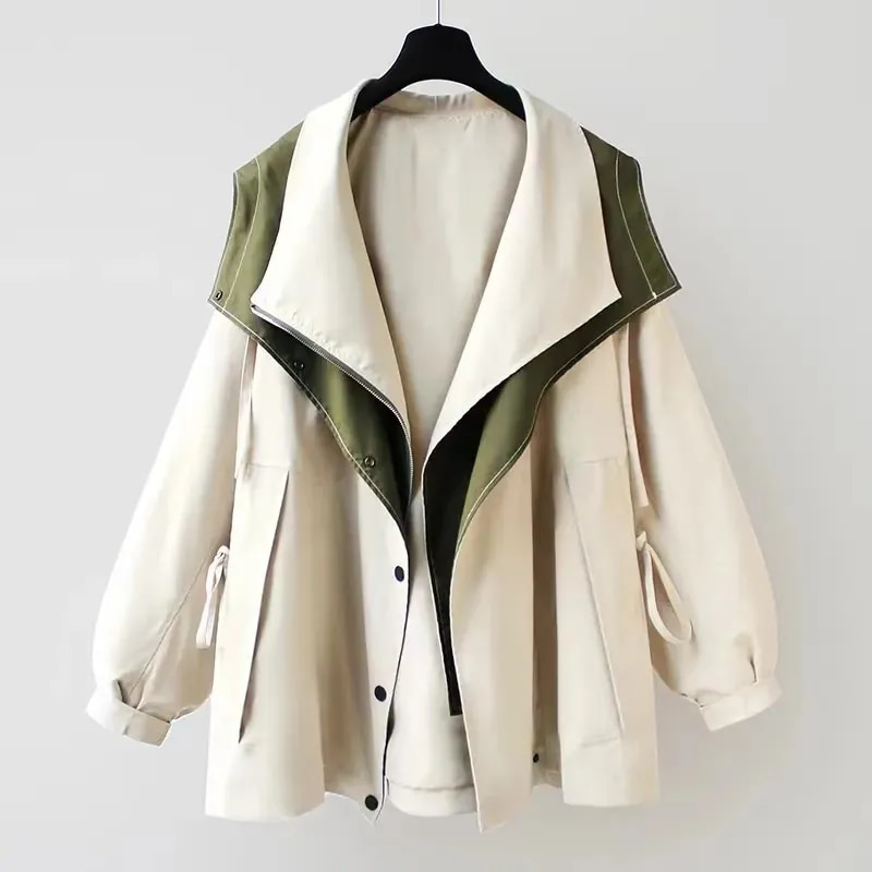 Dames Tweekleurige Trenchcoat – Groen, Abrikoos of Zwart