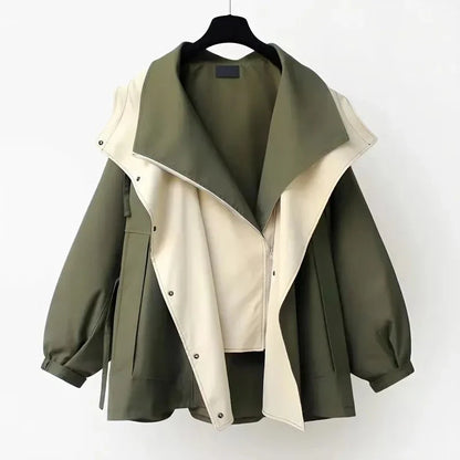 Dames Tweekleurige Trenchcoat – Groen, Abrikoos of Zwart