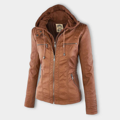 Dames Jas in Leerlook met Afneembare Capuchon