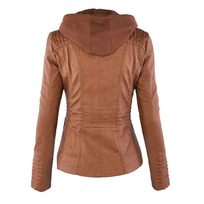 Dames Jas in Leerlook met Afneembare Capuchon