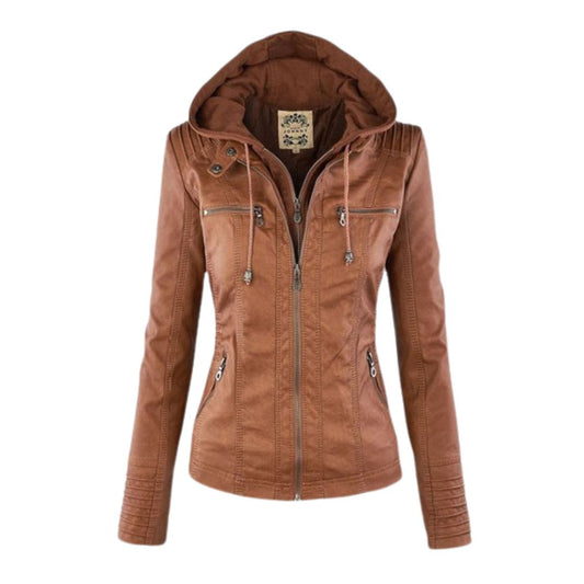 Dames Jas in Leerlook met Afneembare Capuchon