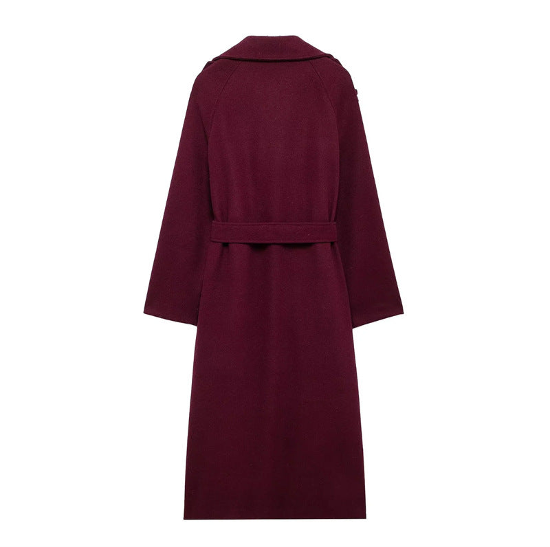 Dames Bordeaux Jas met Dubbele Knopenrij en Ceintuur