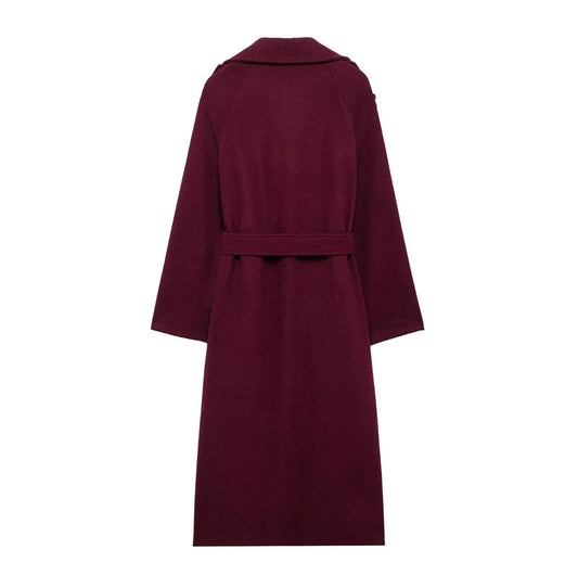 Dames Bordeaux Jas met Dubbele Knopenrij en Ceintuur