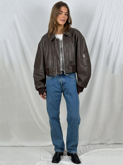 Dames Cropped Bomberjack in Leerlook – Bruin