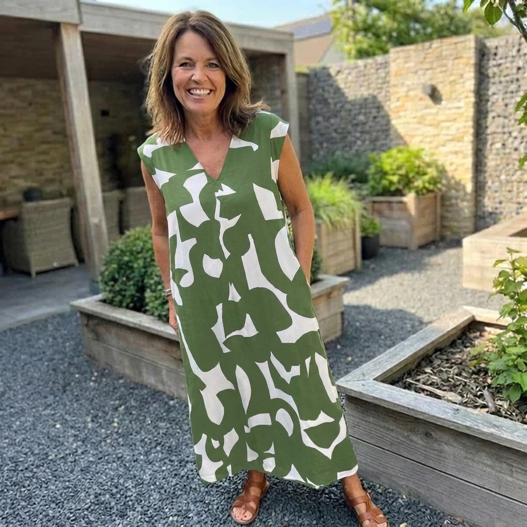 Jurk met Print en V-hals in Zes Kleuren