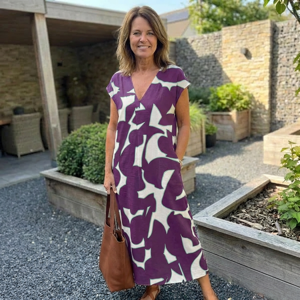 Jurk met Print en V-hals in Zes Kleuren