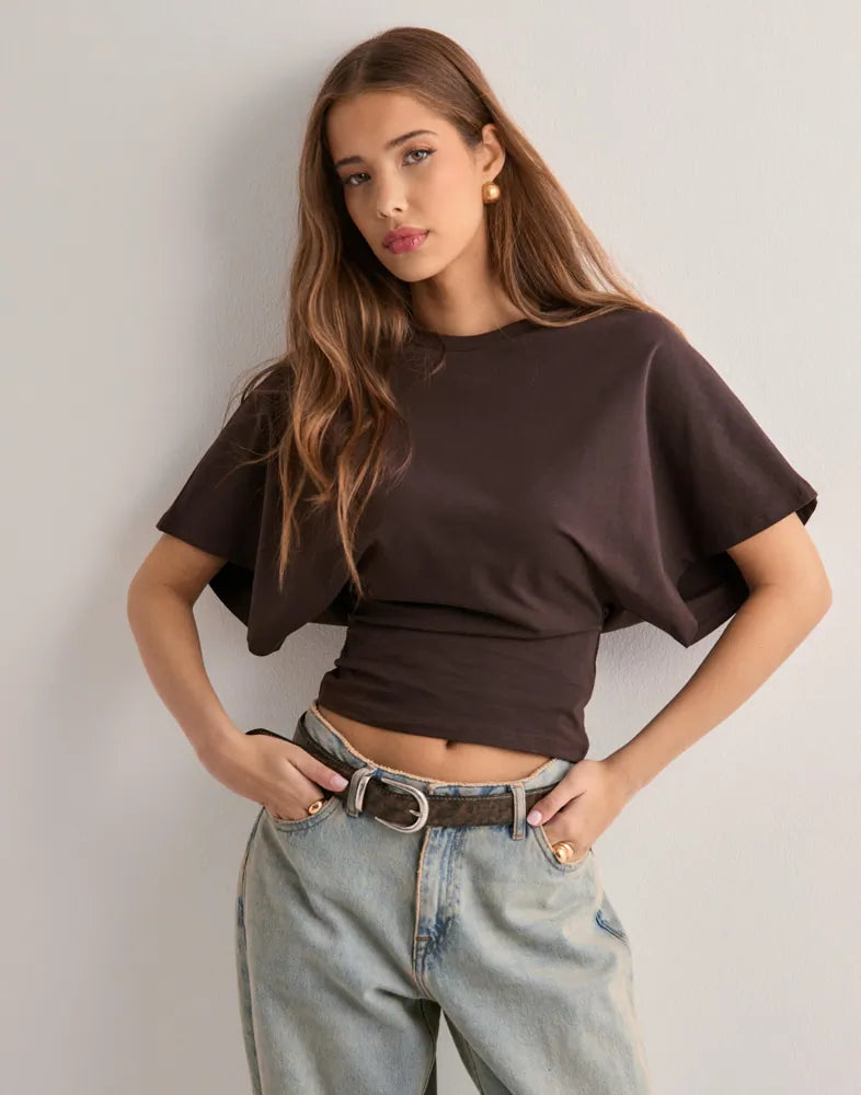 Dames T-shirt met Wijde Mouwen – Bruin, Wit, Roze of Zwart